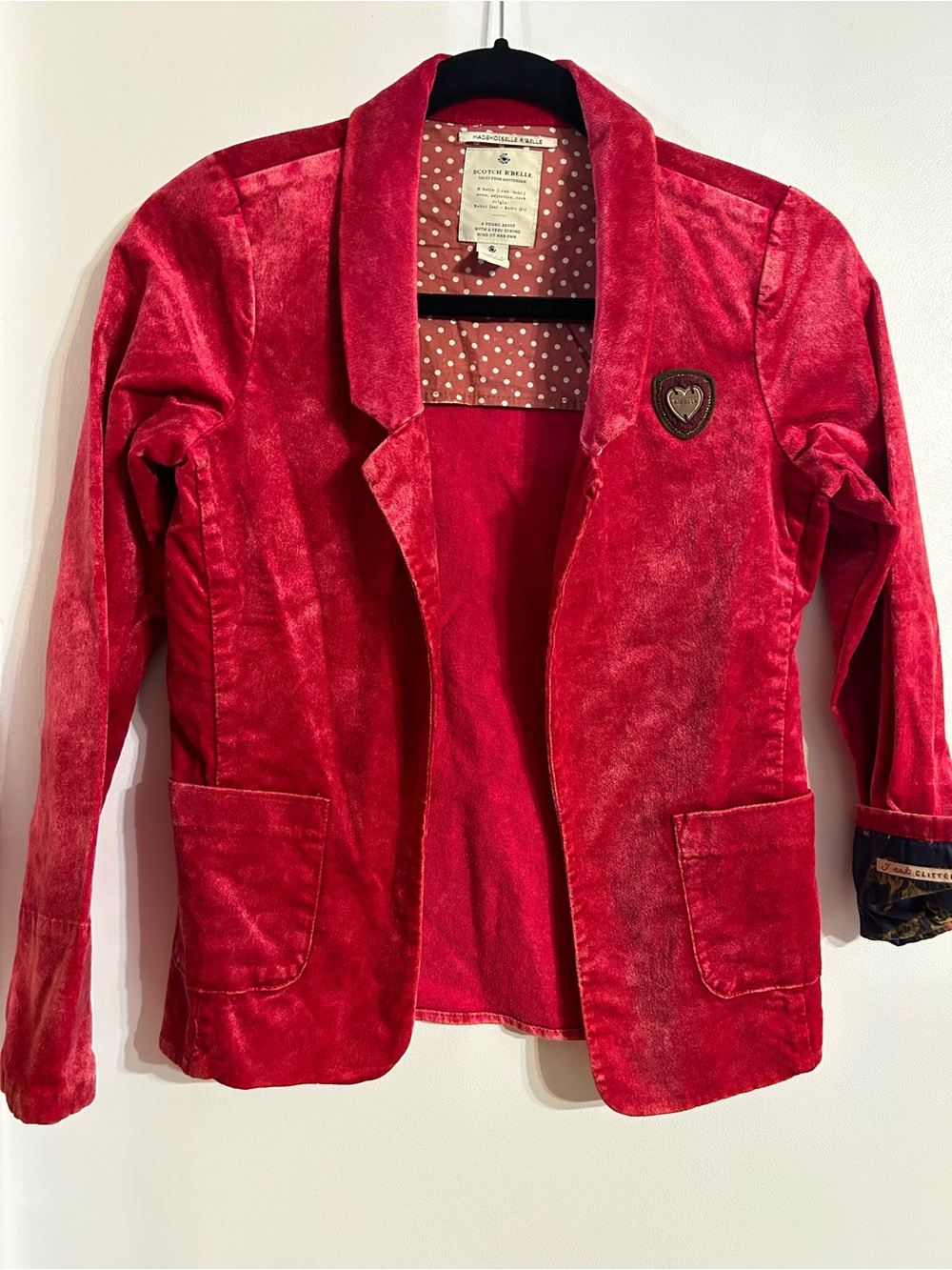 Scotch R'Belle Girls' Red Velvet Blazer with Heart Patch